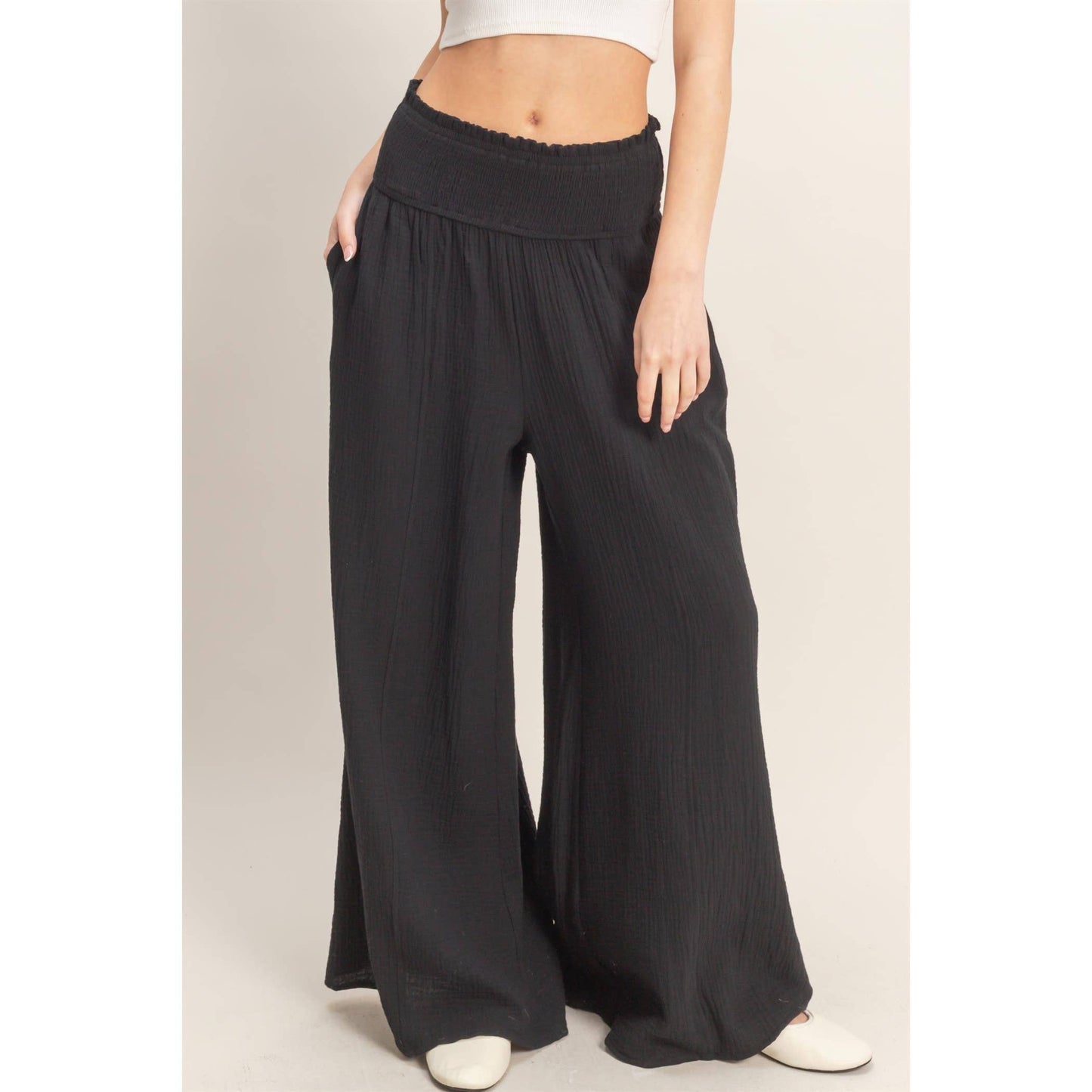 Smocked Waist Wide-Leg Pants