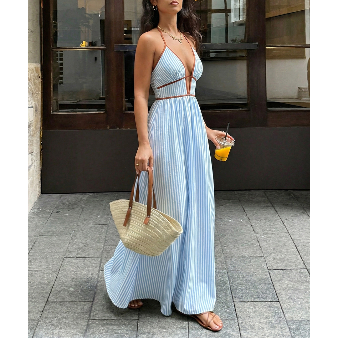 Striped Backless Sleeveless Halter Maxi Dress BFZY1904