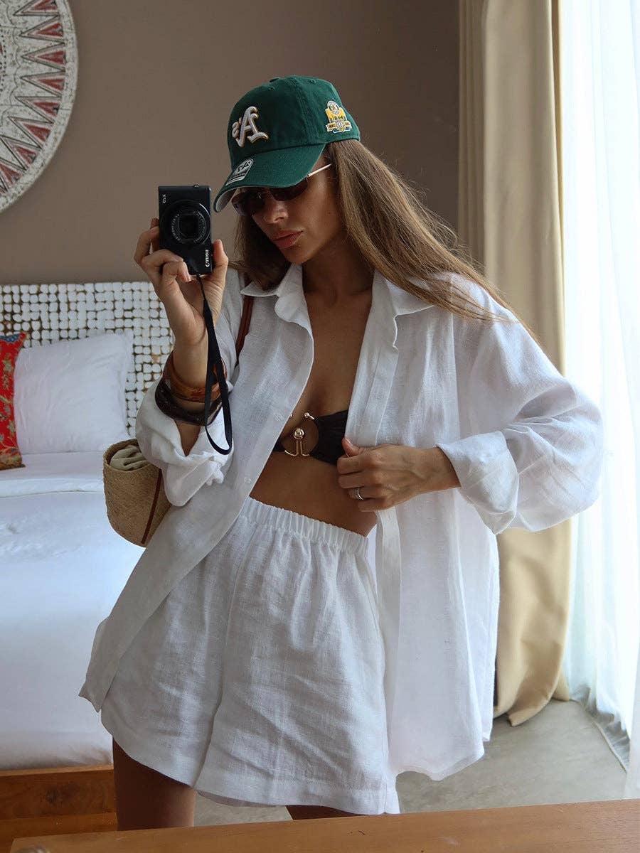 Casual Cotton Long Sleeve Cardigan and Shorts Set