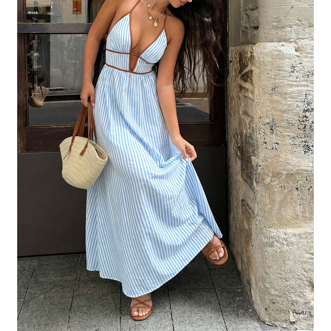 Striped Backless Sleeveless Halter Maxi Dress BFZY1904