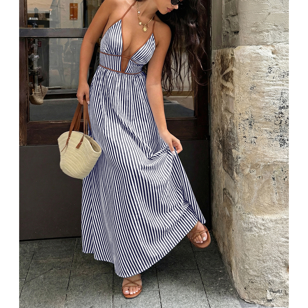Striped Backless Sleeveless Halter Maxi Dress BFZY1904