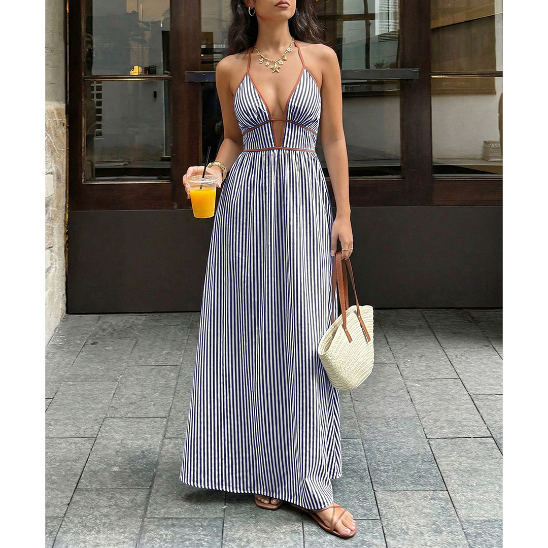 Striped Backless Sleeveless Halter Maxi Dress BFZY1904