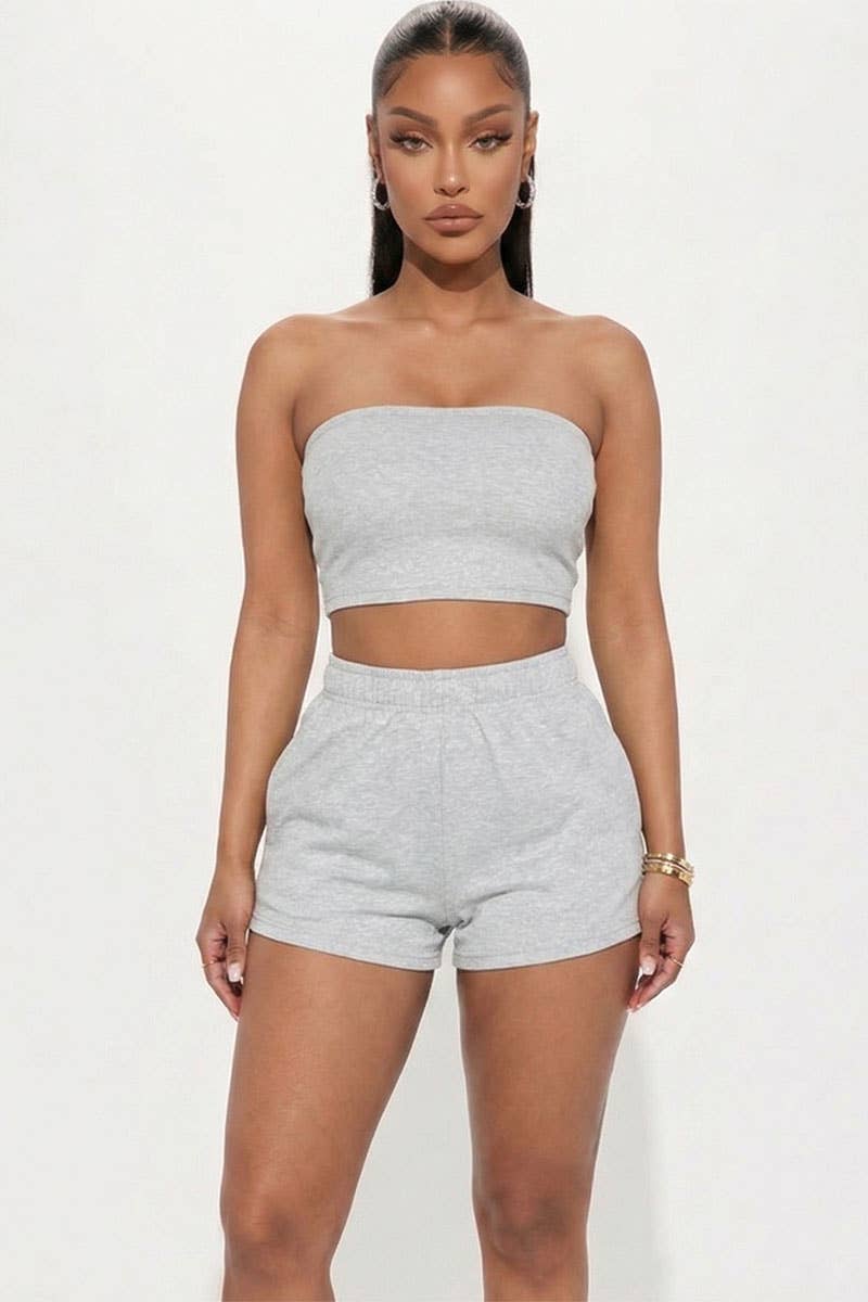 Simple Solid Color Tube Top And Shorts Two Piece Set