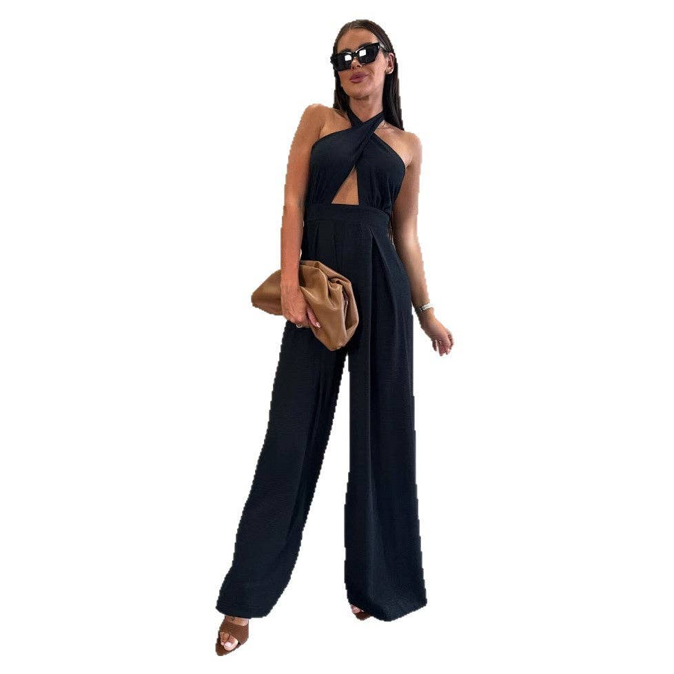 Women Summer Halter Sexy Solid High Waist Wide Leg Jumpsuit