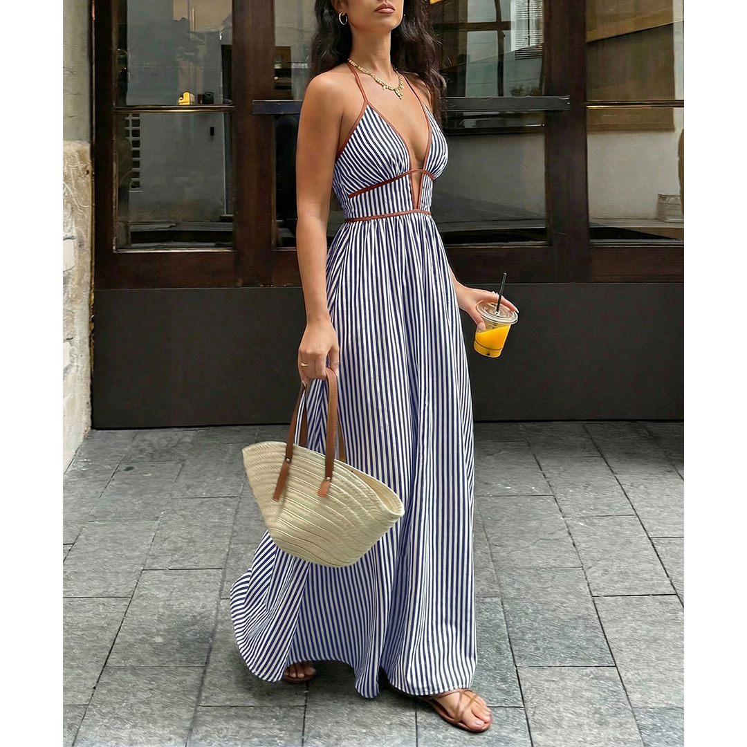 Striped Backless Sleeveless Halter Maxi Dress BFZY1904