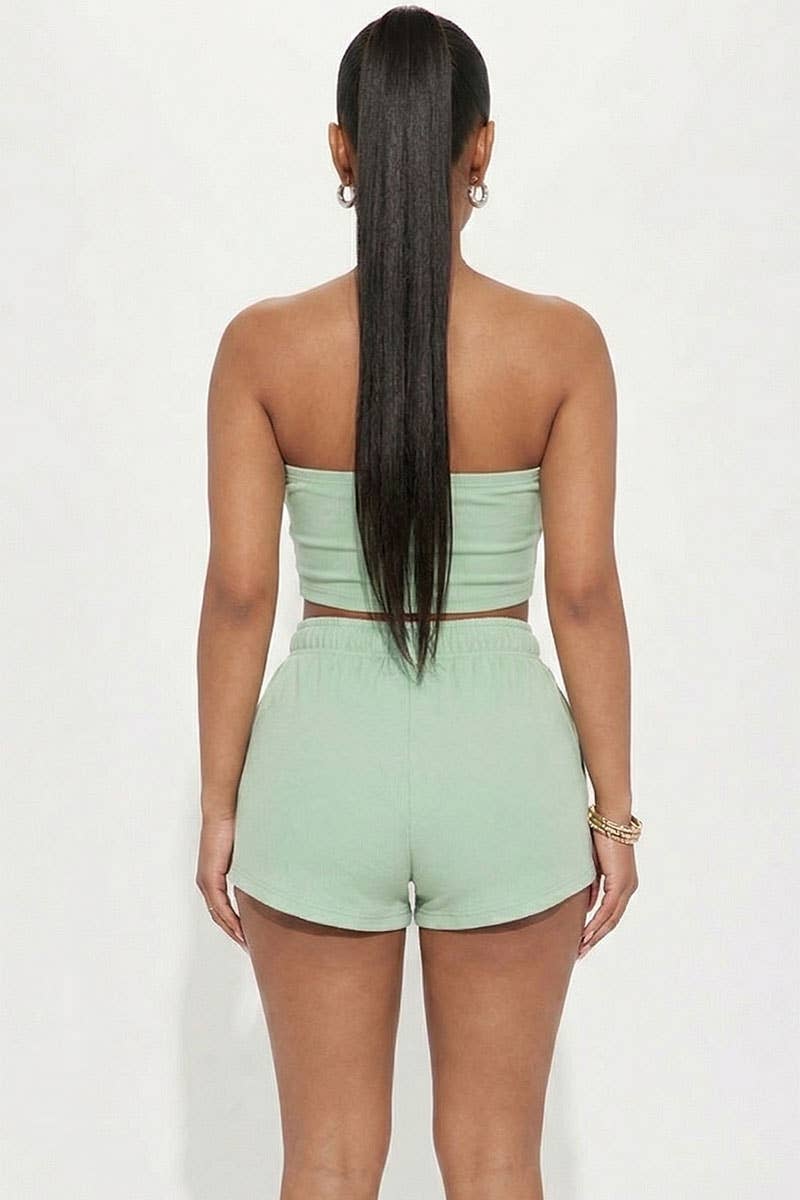 Simple Solid Color Tube Top And Shorts Two Piece Set