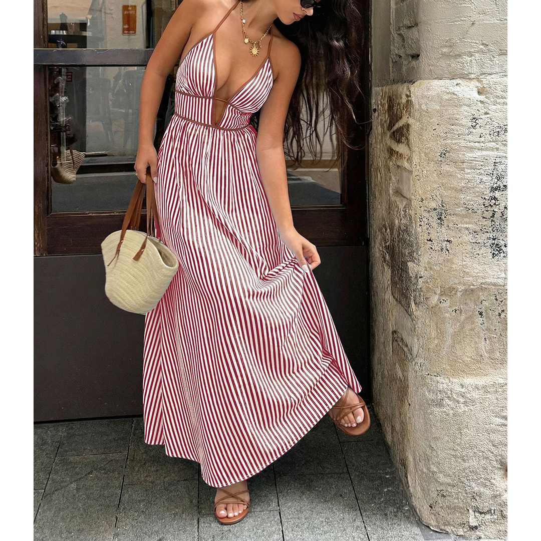 Striped Backless Sleeveless Halter Maxi Dress BFZY1904