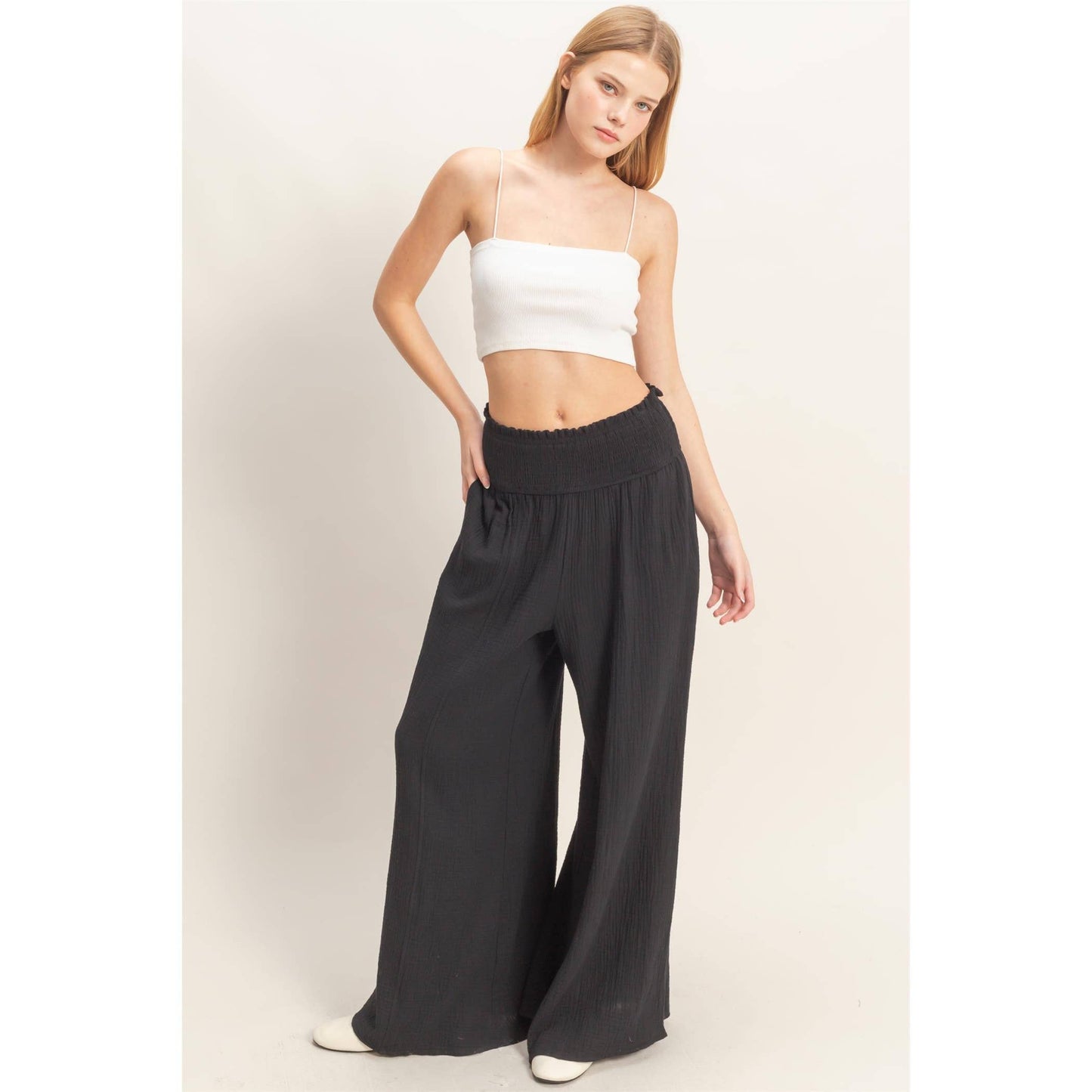 Smocked Waist Wide-Leg Pants