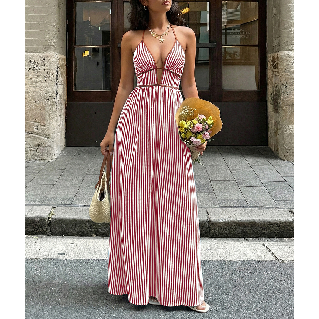 Striped Backless Sleeveless Halter Maxi Dress BFZY1904