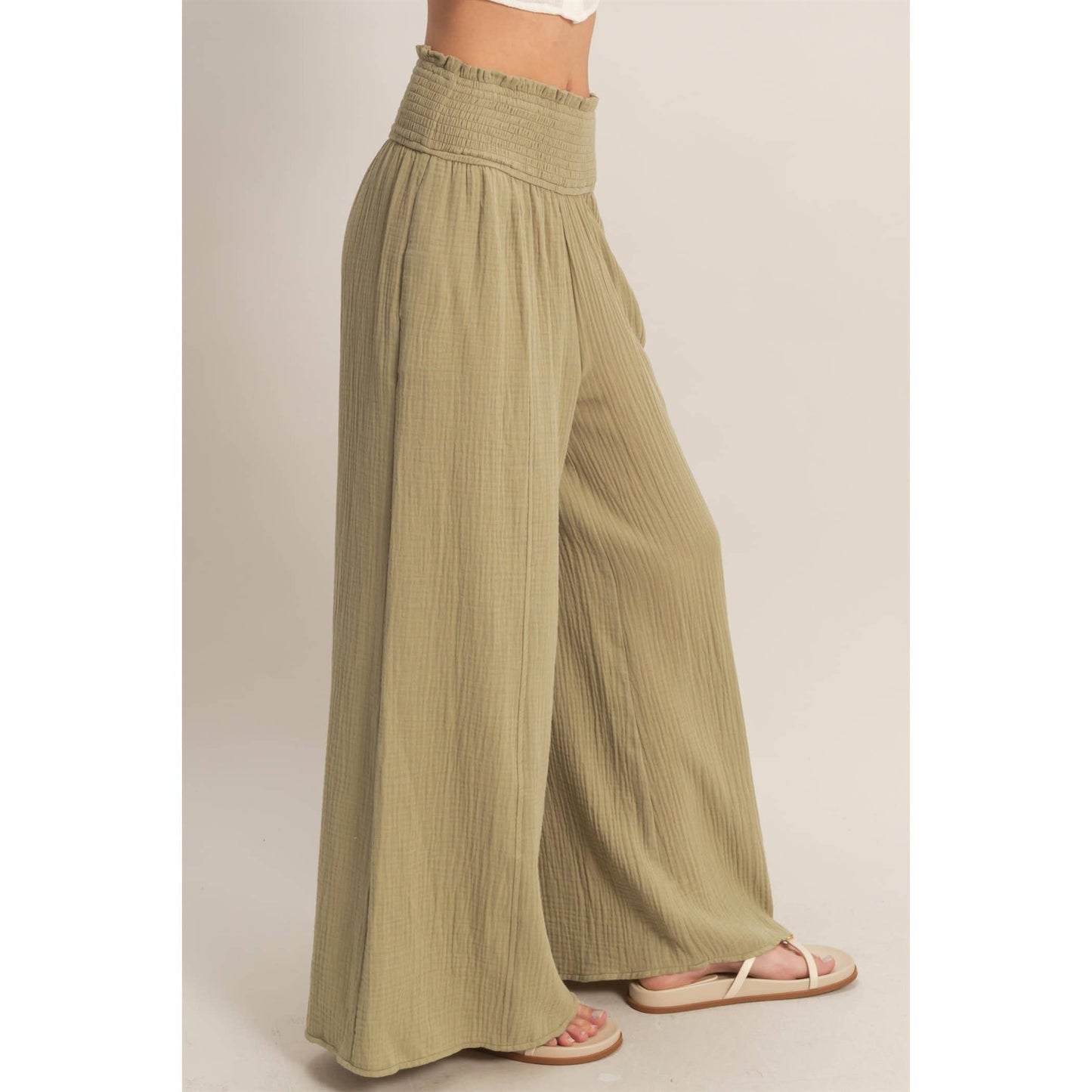 Smocked Waist Wide-Leg Pants