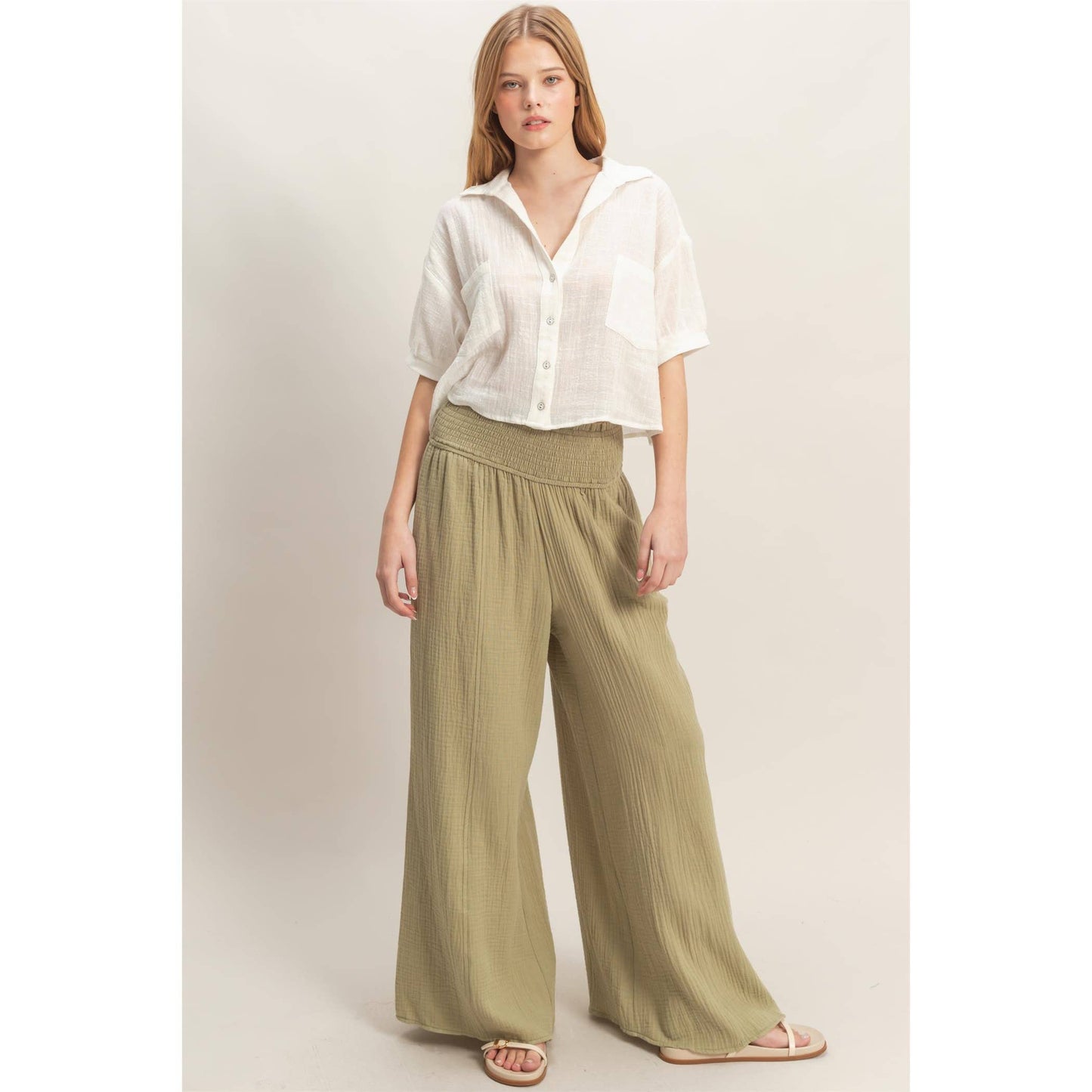 Smocked Waist Wide-Leg Pants