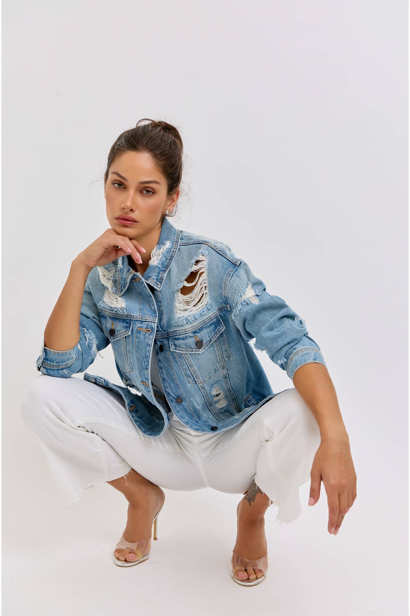 Oversized Denim Jacket with Shredded Distressing [WV1078-1]