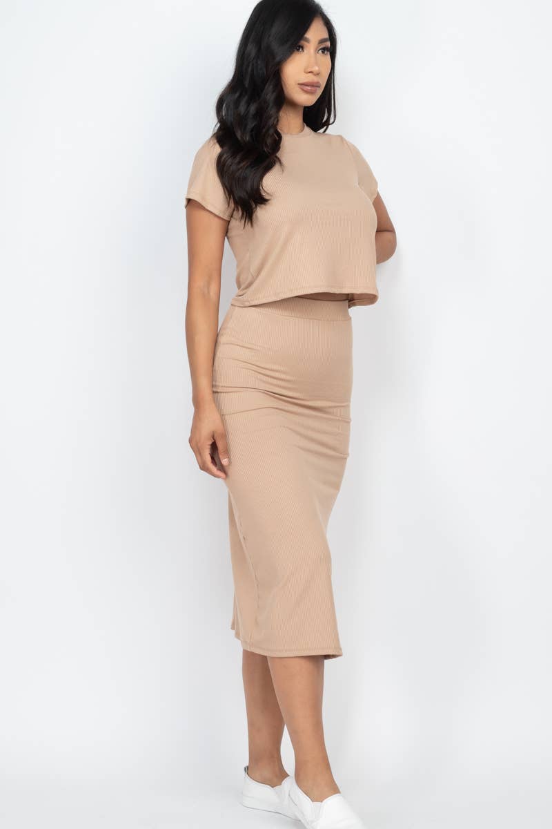 Ribbed Solid Top & Midi Skirt Set
