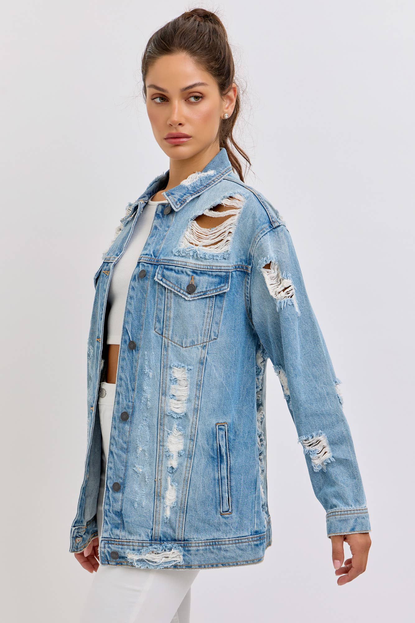 Oversized Denim Jacket with Shredded Distressing [WV1078-1]