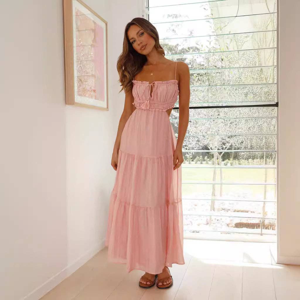 Women's Summer Casual Solid Cutout Waist Cami Dress