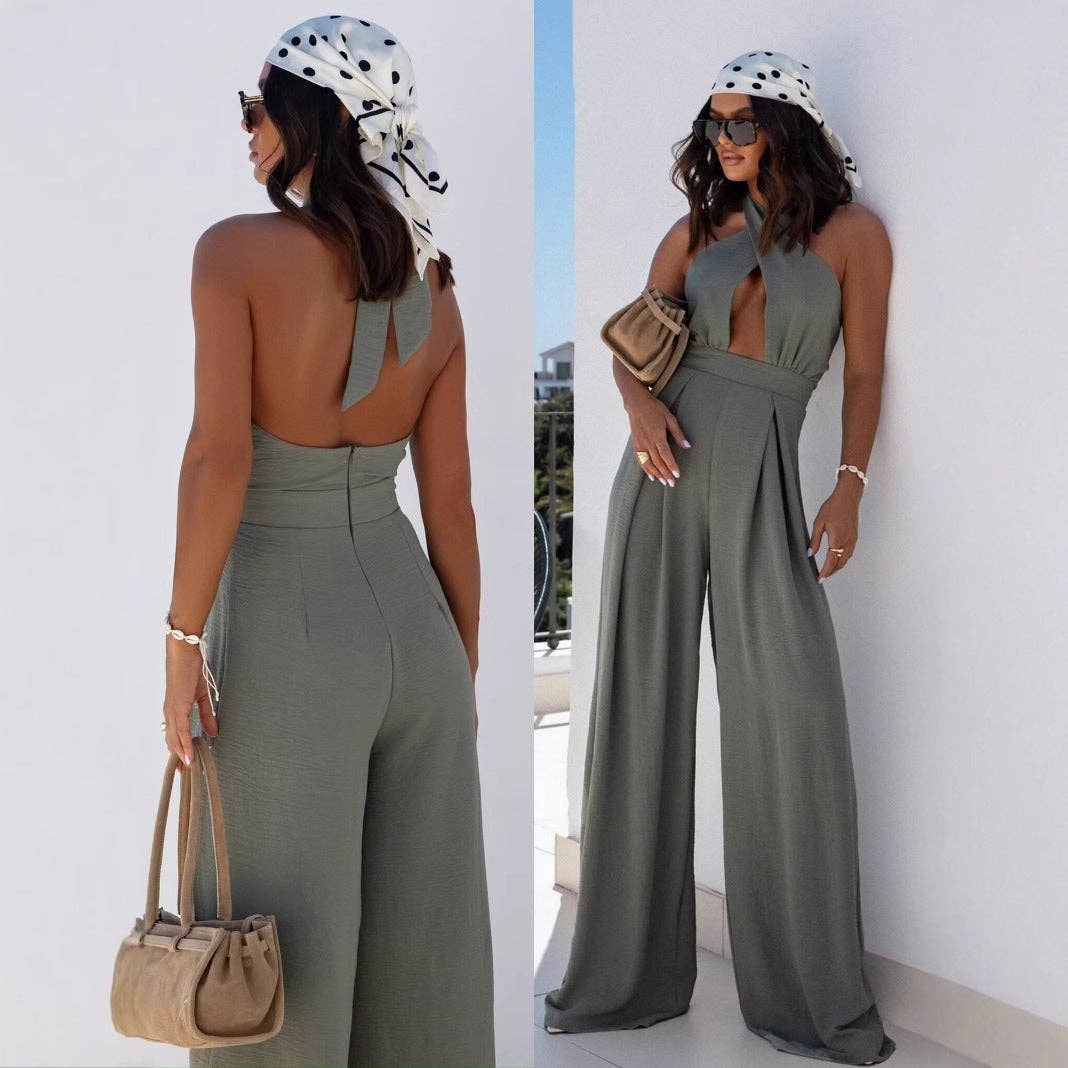 Women Summer Halter Sexy Solid High Waist Wide Leg Jumpsuit