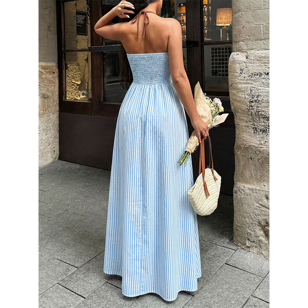 Striped Backless Sleeveless Halter Maxi Dress BFZY1904