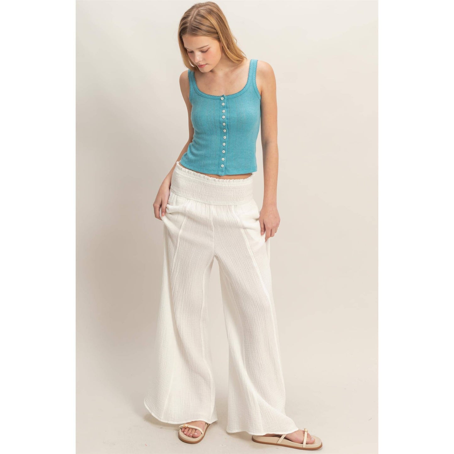 Smocked Waist Wide-Leg Pants