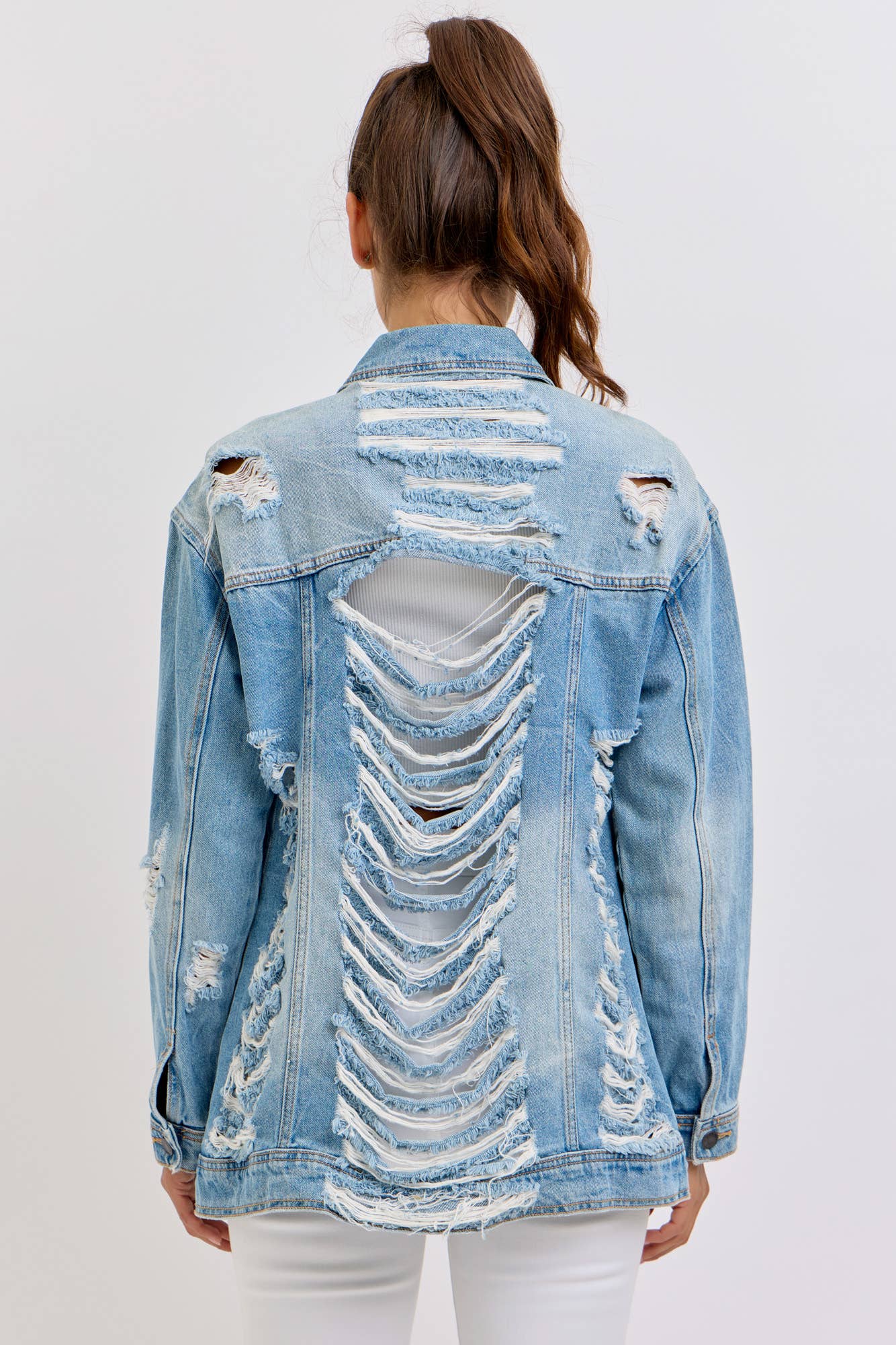 Oversized Denim Jacket with Shredded Distressing [WV1078-1]