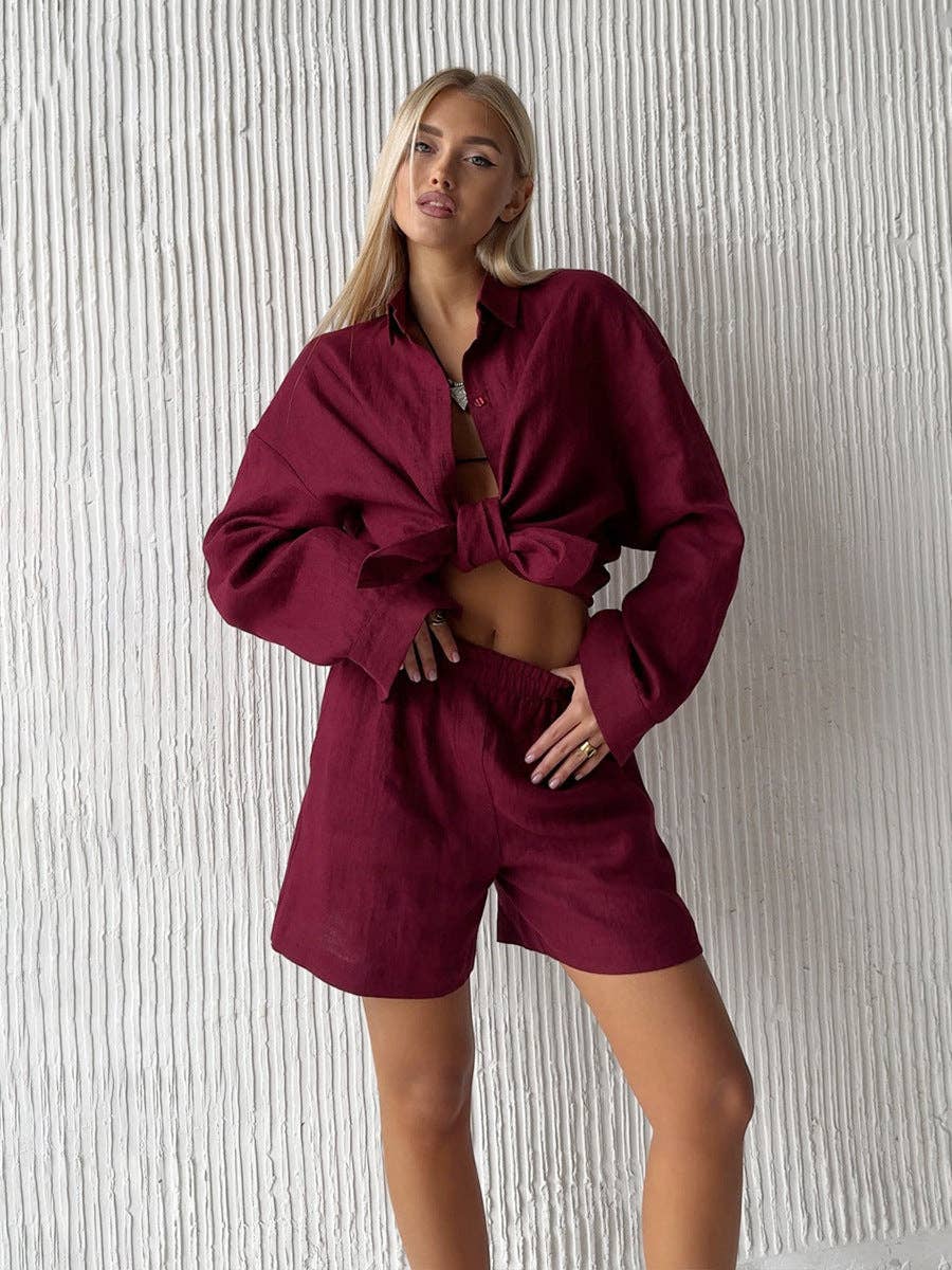 Casual Cotton Long Sleeve Cardigan and Shorts Set