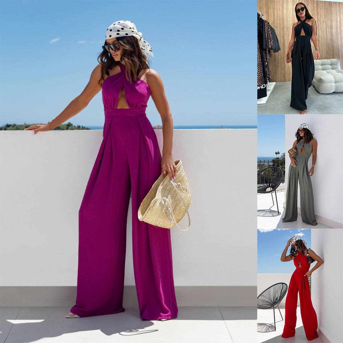 Women Summer Halter Sexy Solid High Waist Wide Leg Jumpsuit
