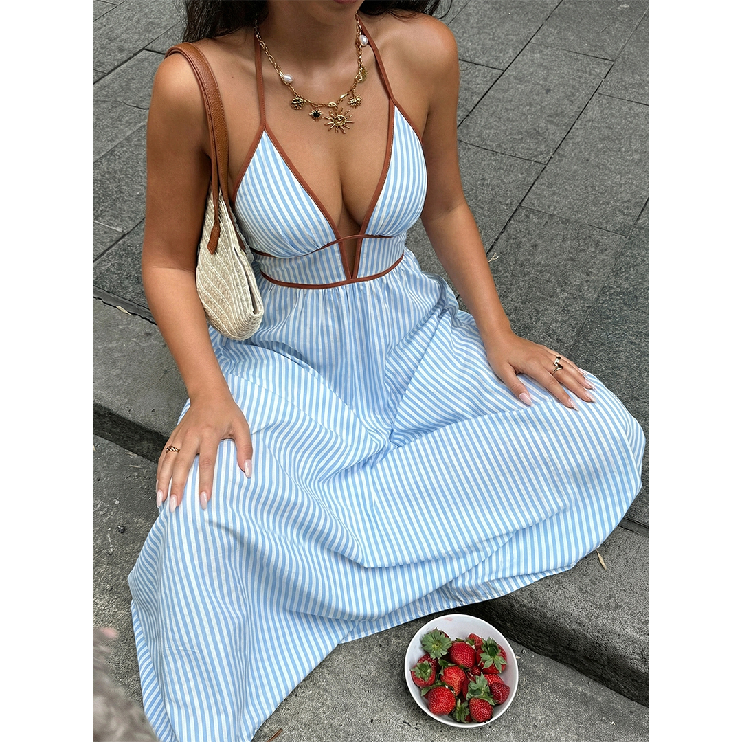 Striped Backless Sleeveless Halter Maxi Dress BFZY1904