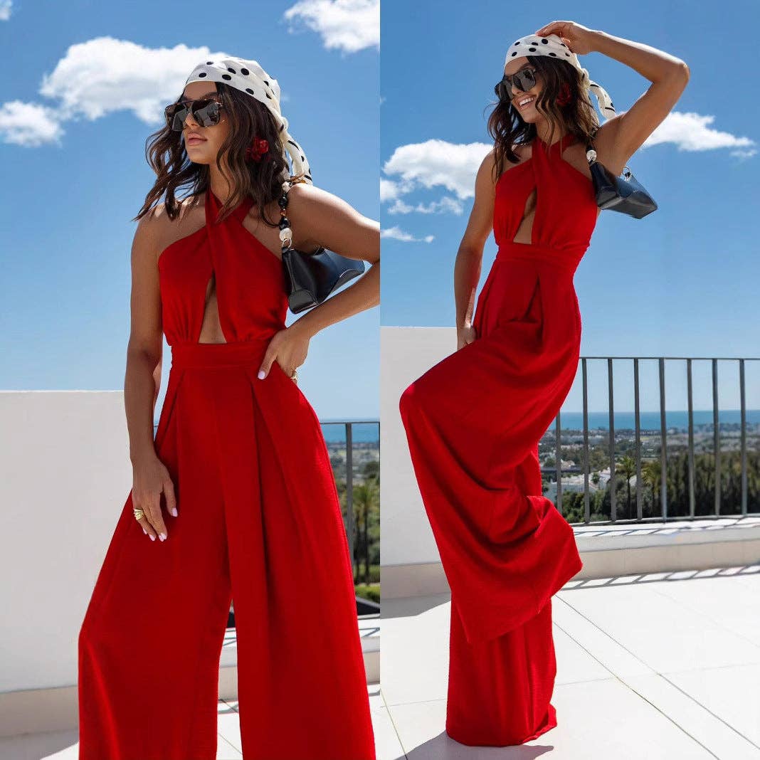 Women Summer Halter Sexy Solid High Waist Wide Leg Jumpsuit