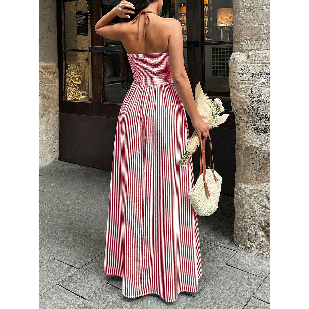Striped Backless Sleeveless Halter Maxi Dress BFZY1904