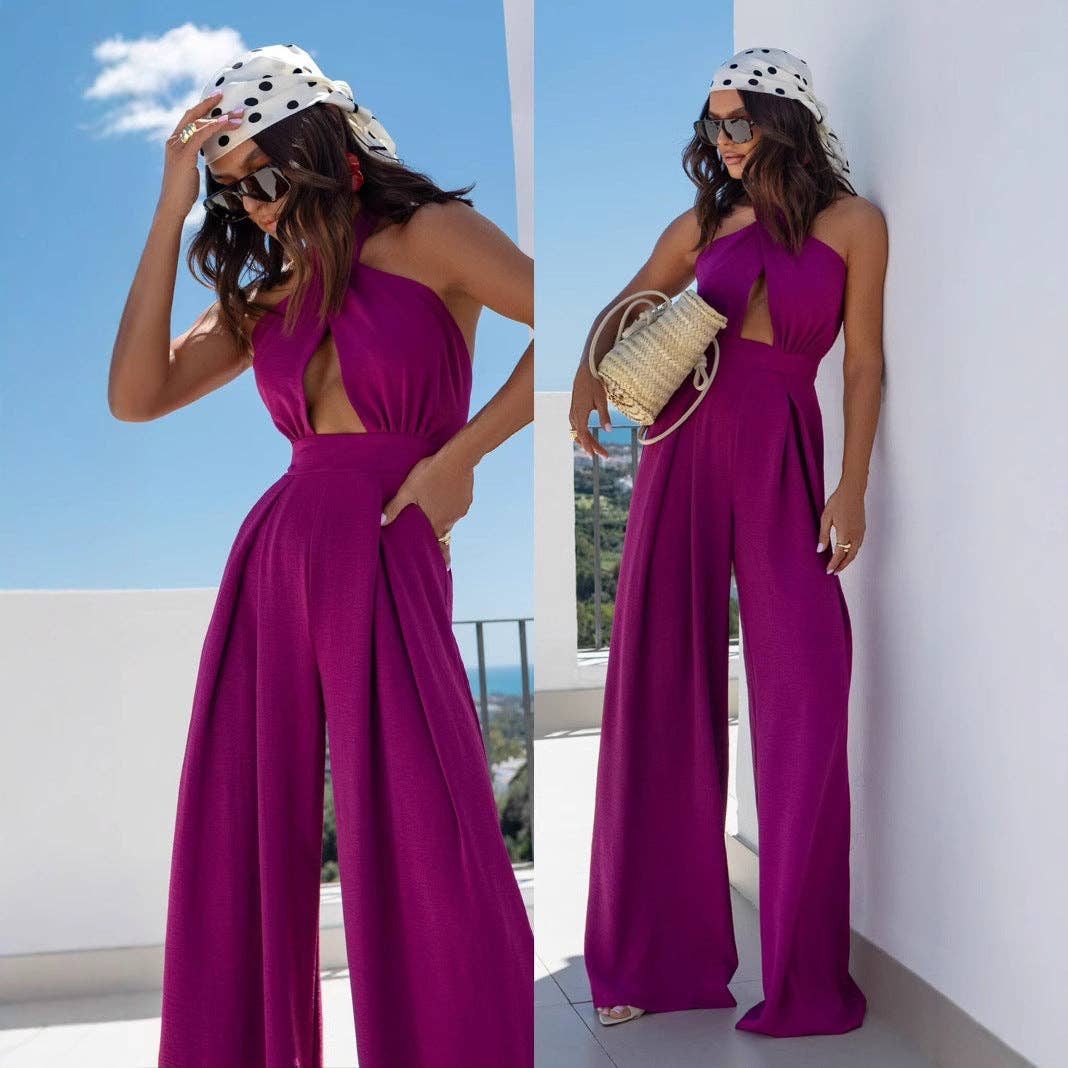 Women Summer Halter Sexy Solid High Waist Wide Leg Jumpsuit