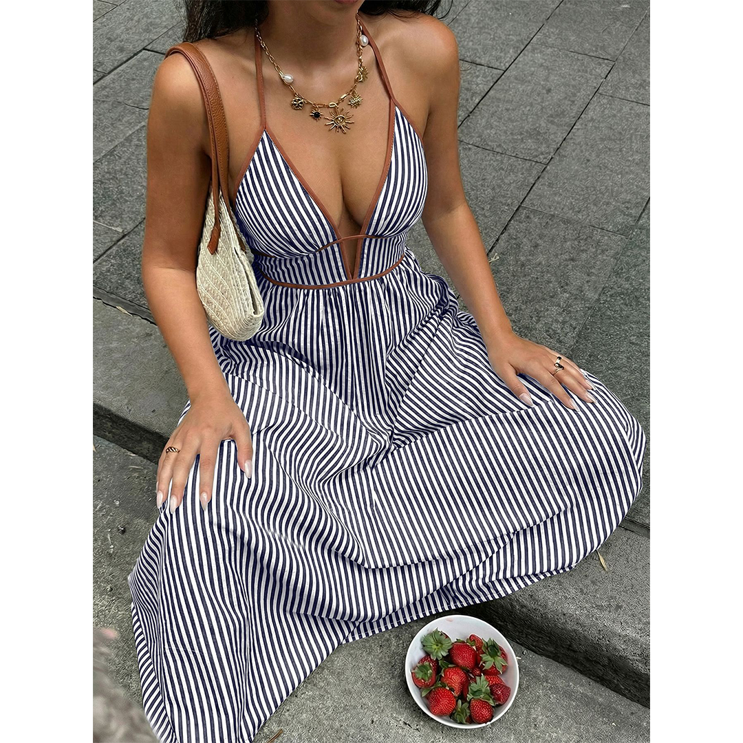 Striped Backless Sleeveless Halter Maxi Dress BFZY1904