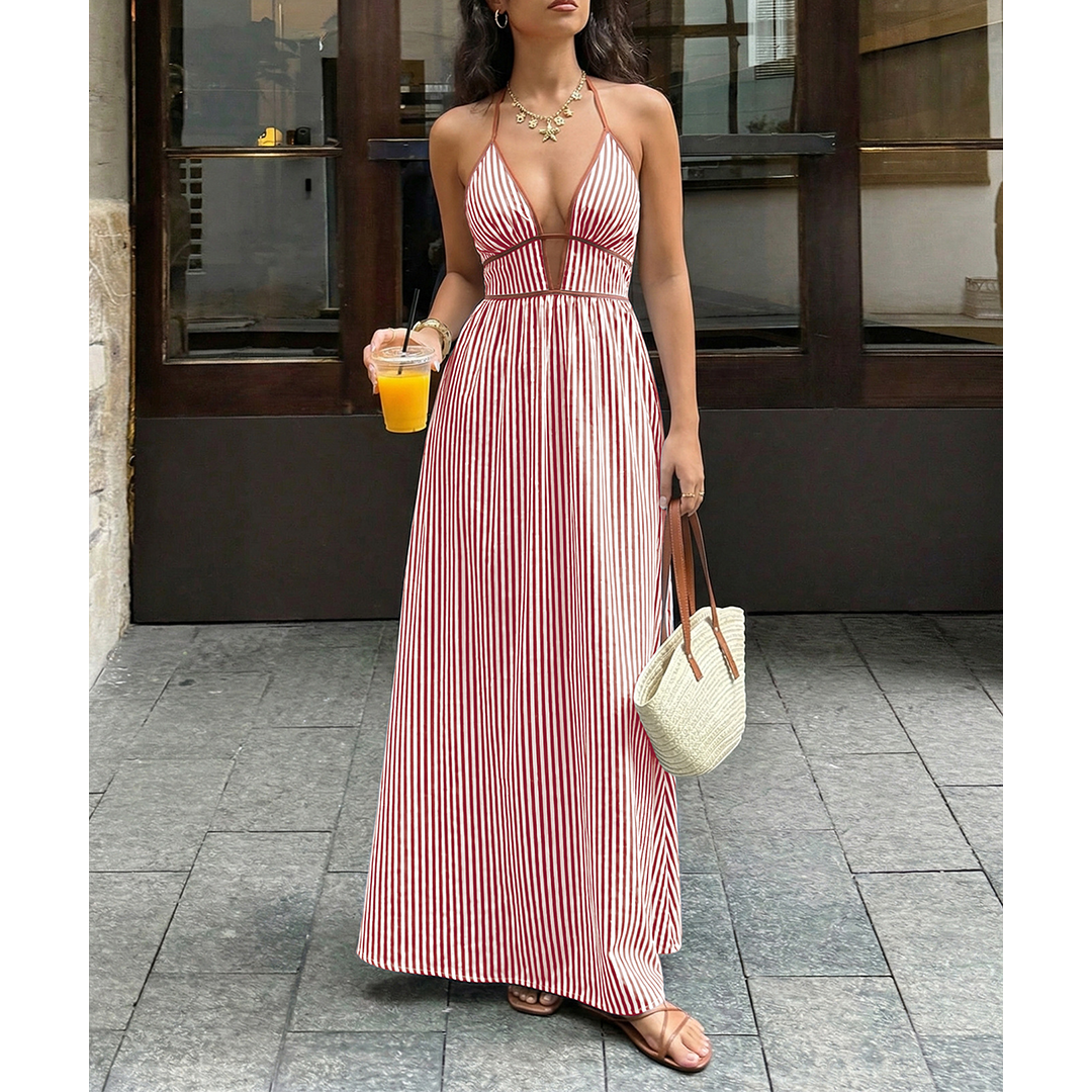 Striped Backless Sleeveless Halter Maxi Dress BFZY1904