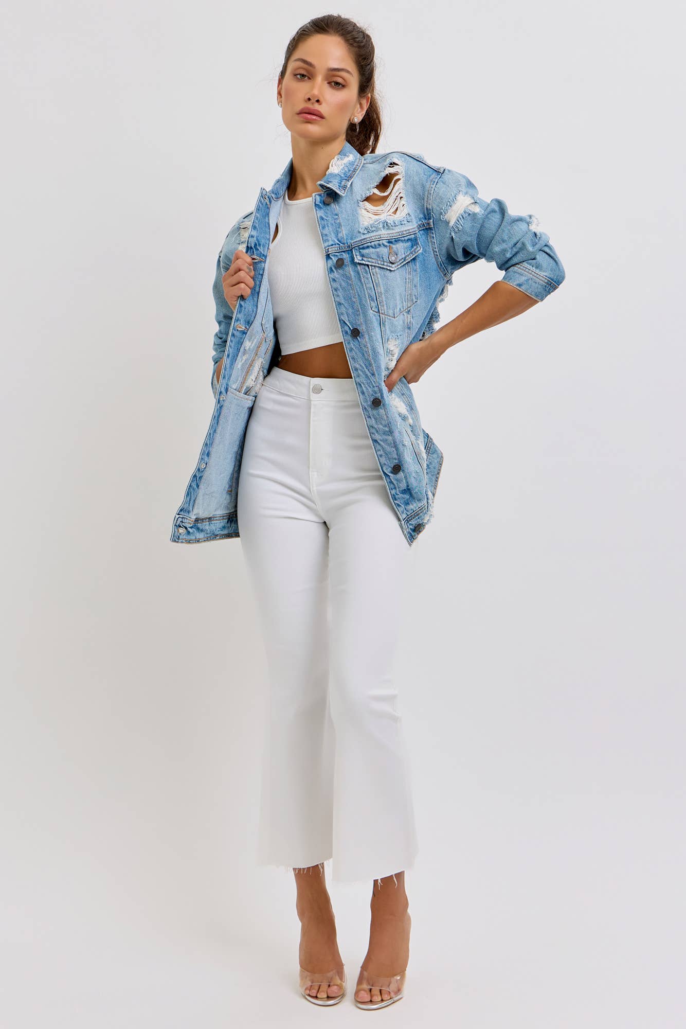 Oversized Denim Jacket with Shredded Distressing [WV1078-1]