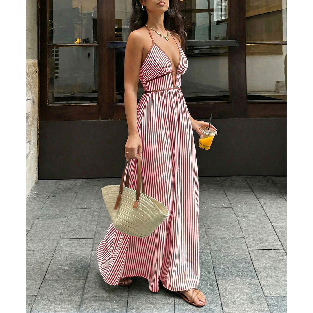 Striped Backless Sleeveless Halter Maxi Dress BFZY1904