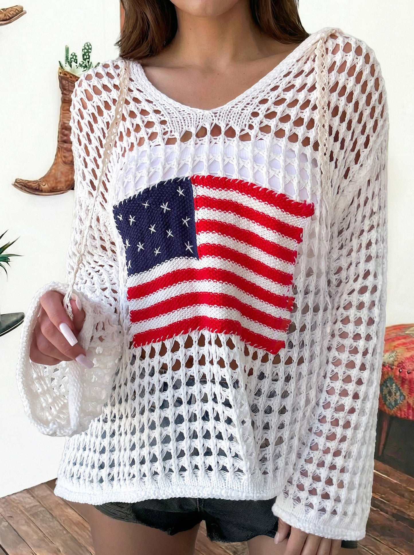 Hollow Out Crochet Knit American Flag Patched Sweater Hoodie