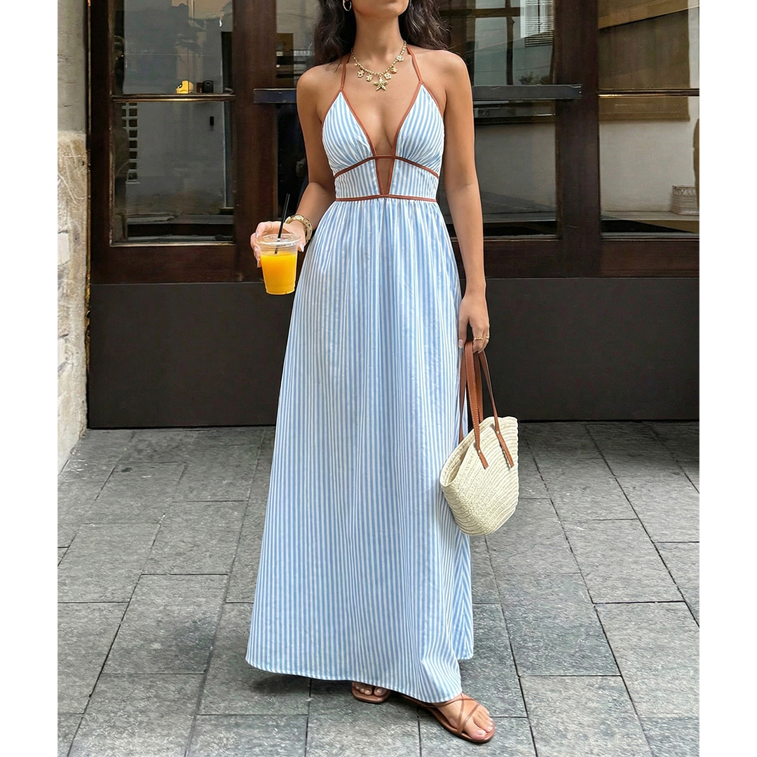 Striped Backless Sleeveless Halter Maxi Dress BFZY1904
