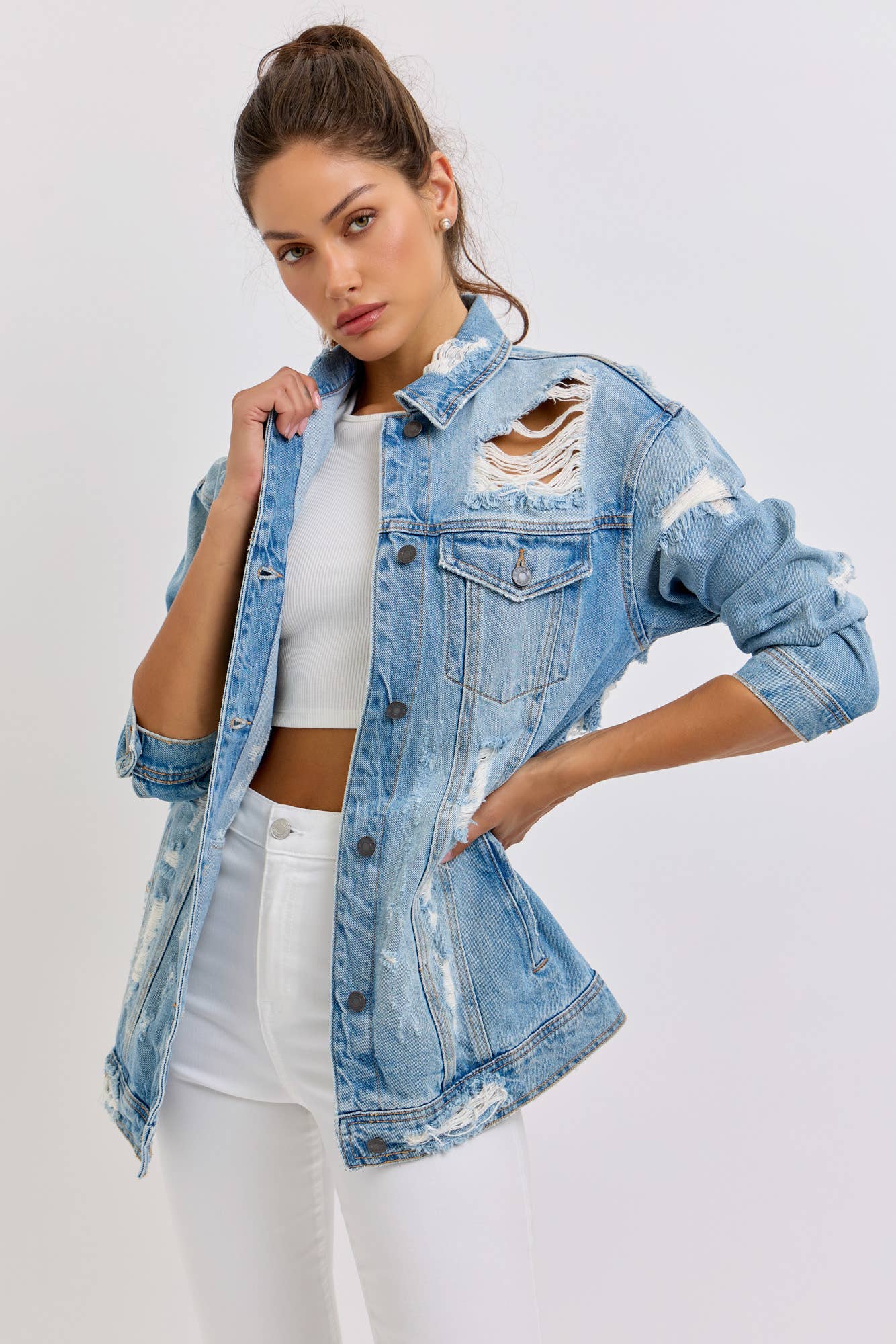 Oversized Denim Jacket with Shredded Distressing [WV1078-1]