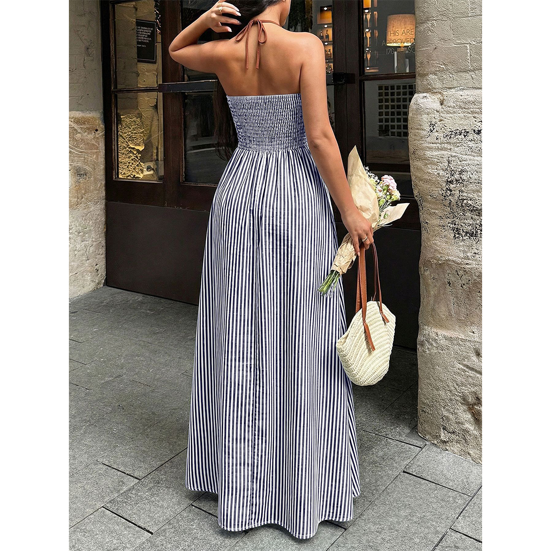 Striped Backless Sleeveless Halter Maxi Dress BFZY1904