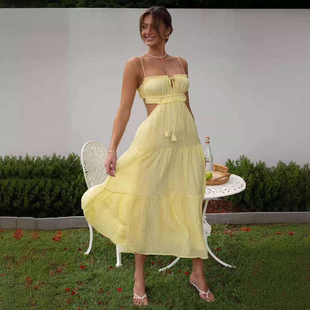 Women's Summer Casual Solid Cutout Waist Cami Dress