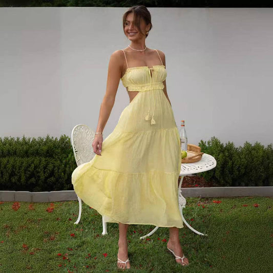 Women's Summer Casual Solid Cutout Waist Cami Dress