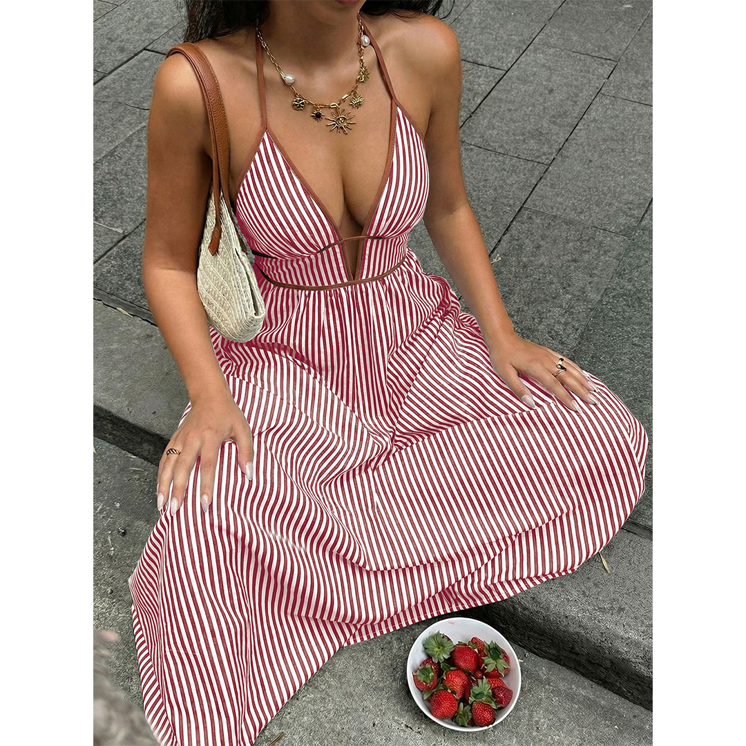 Striped Backless Sleeveless Halter Maxi Dress BFZY1904