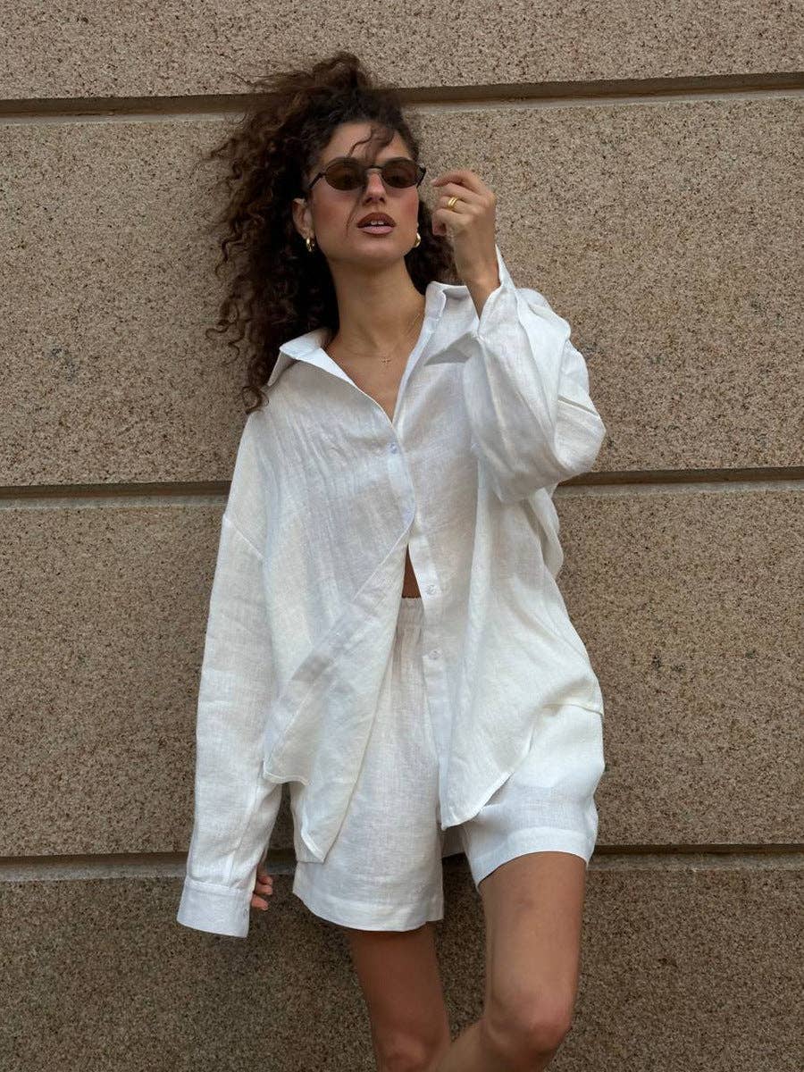 Casual Cotton Long Sleeve Cardigan and Shorts Set
