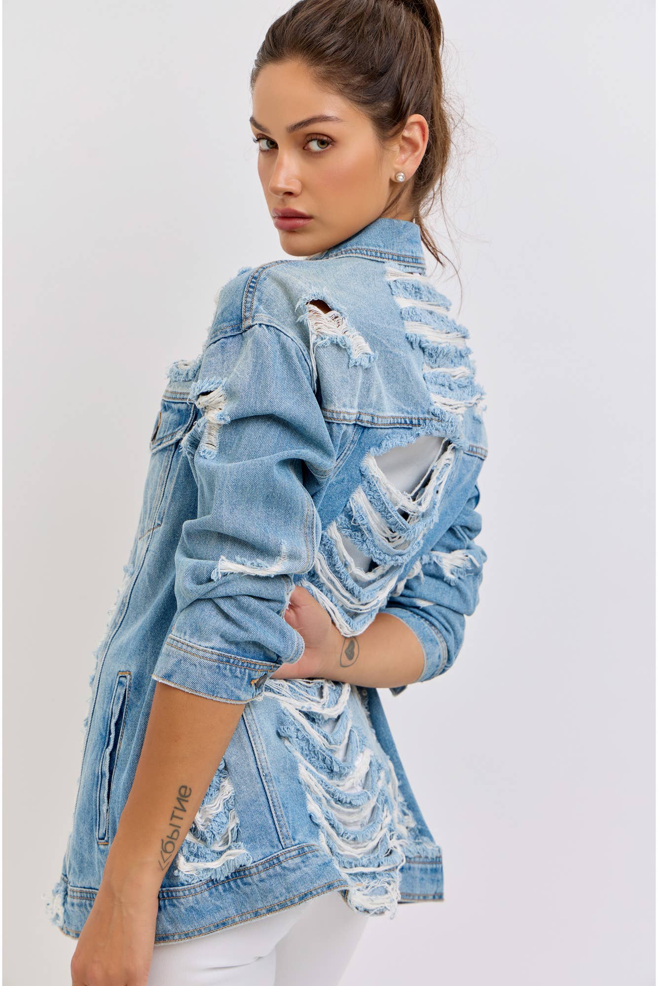 Oversized Denim Jacket with Shredded Distressing [WV1078-1]
