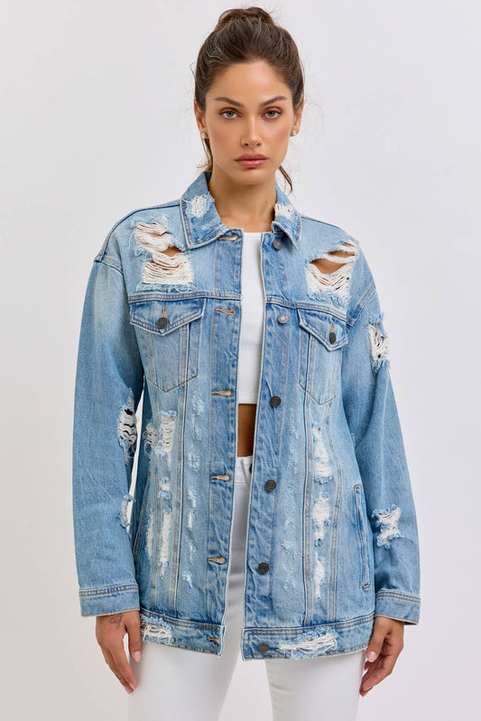Oversized Denim Jacket with Shredded Distressing [WV1078-1]