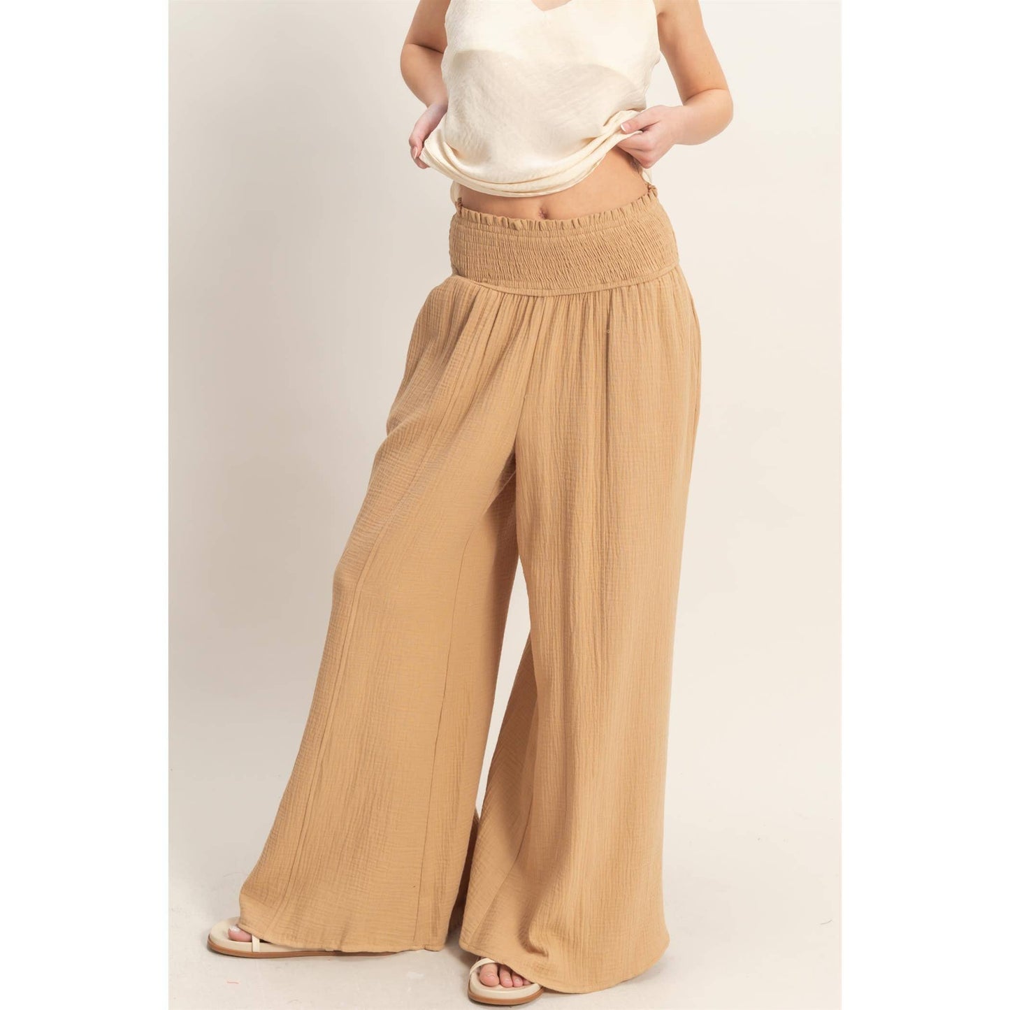 Smocked Waist Wide-Leg Pants